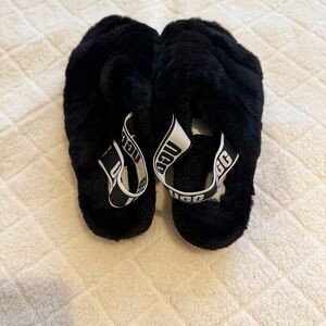UGG Black Fluffy Slides with Logo Strap